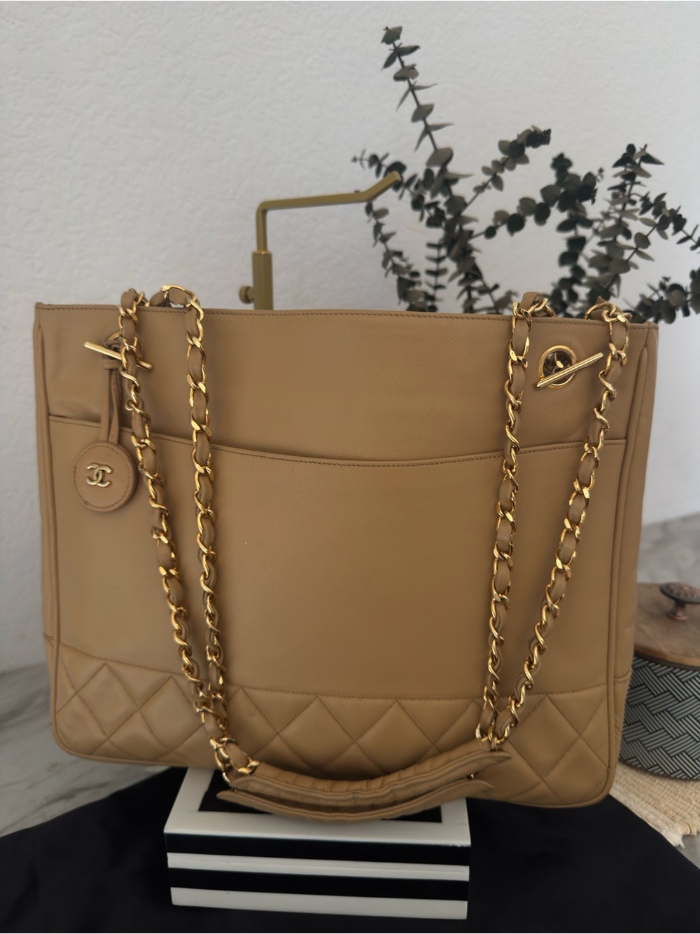 CHANEL Beige Quilted Leather Tote with Gold Chain Straps
